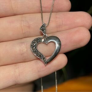 Vintage Estate Marcasite Pyrite Heart Necklace 925 Sterling Silver 18” Box Chain
